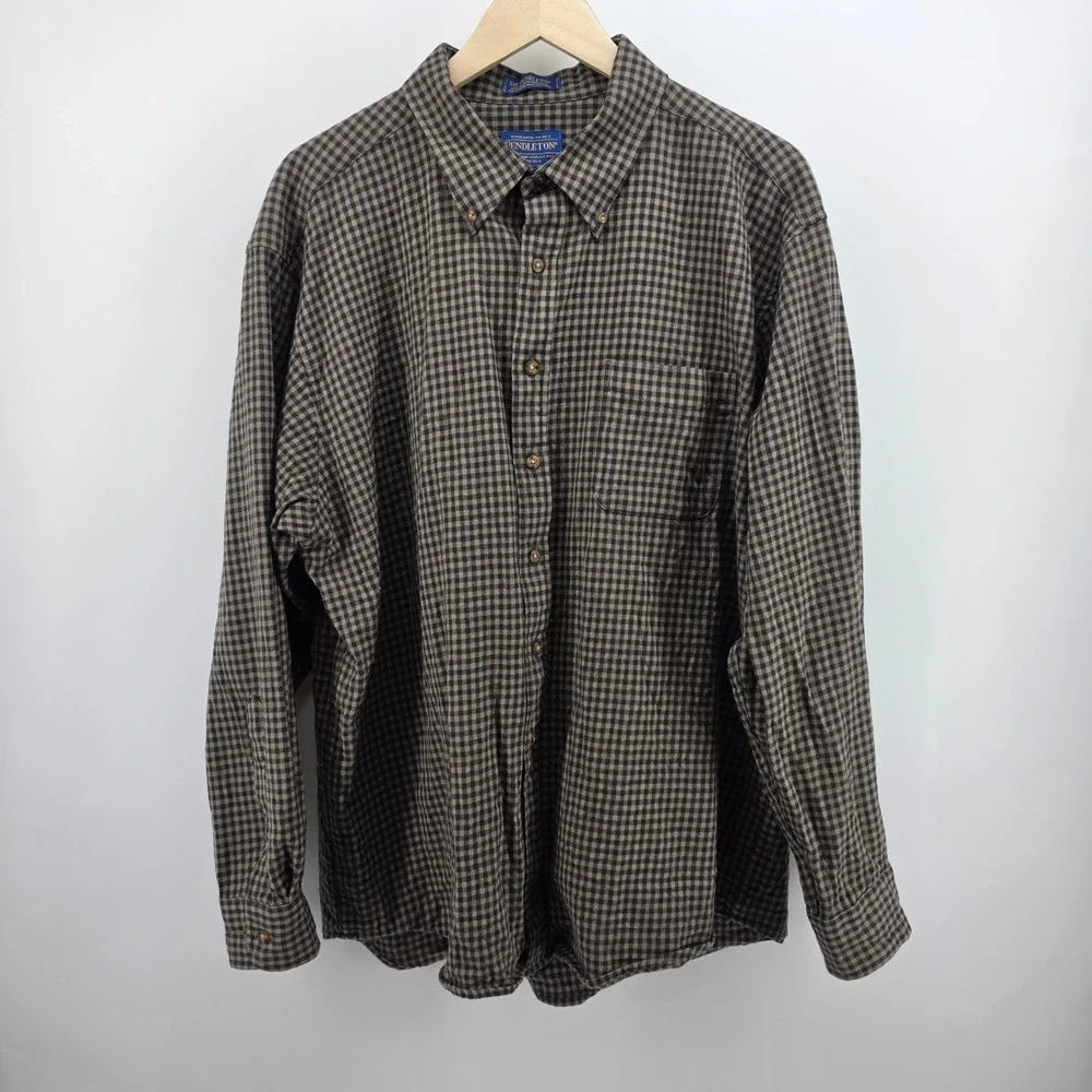 Sir Pendleton Mens XXL Brown Black Check Fine Worsted Wool Button Down Shirt